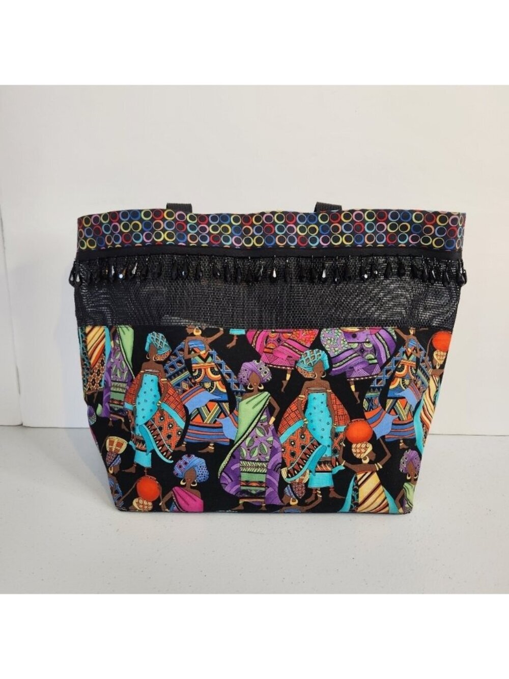 African Sunset Women Black Beaded Tote Beach Diaper Bag Purse Handmade Bright